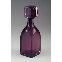 Large SEGUSO sommerso decanter with violet interior and cubic stopper with violet interior bubble...