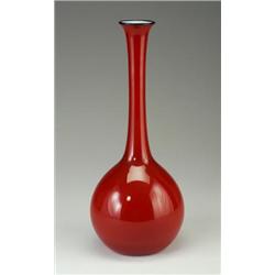 Tall FRATELLI E TOSO bottle of crimson glass with white interior and black rim. FRATELLI E TOSO l...