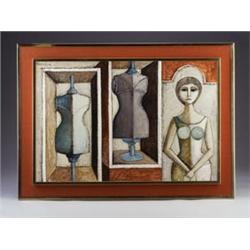 Oil on canvas, 1972, of stylized dress forms and a mannequin. Signed Rancusi (?) and dated. Frame...