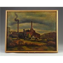 Oil on canvas by OTTO ROTHENBURGH (American, 1893-1992), 1937, of a factory in landscape, framed....
