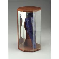MAXIA VIENA Tattinger champagne bottle, enameled on purple ground, in glass display case (crack t...