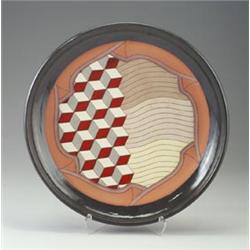 DOUGLAS CORNETT Modern abstract ceramic charger in reds, greys and browns. Signed D. CORNETT, ver...