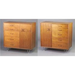 Two GEORGE NELSON for HERMAN MILLER walnut veneer bookmatched cabinets with single door and five...