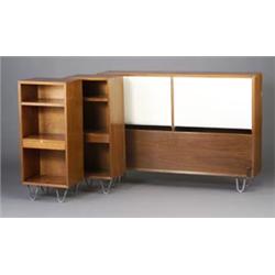 GEORGE NELSON for HERMAN MILLER walnut veneer full-size headboard with white vinyl upholstered pa...