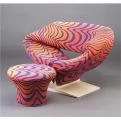 PIERRE PAULIN for ARTIFORT Ribbon chair and ottoman in original Op Art Jack Lenor Larsen fabric i...