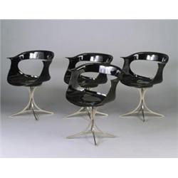 Set of four LAVERNE black fiberglass armchairs on bright chrome pedestal base. Unmarked. 30