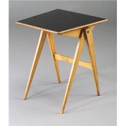 Compass side table in the style of Allan Gould, with raked tapering legs and black laminate top....