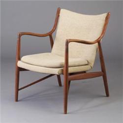 FINN JUHL Easy Chair No. 45 with teak fabric upholstered in off-white fabric. 32 1/2" x 26 3/4" x...