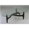 Image 1 : Walnut coffee table in the style of Vladimir Kagan, with biomorphic 1/2" plate glass top on eboni...