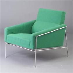 ARNE JACOBSEN for FRITZ HANSEN armchair with lime green upholstery on a tubular chrome frame. FRI...