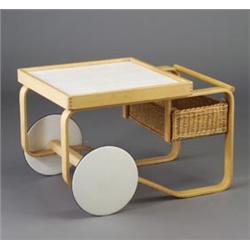ALVAR AALTO molded birch-plywood teacart with white ceramic tile top, large wooden wheels with ru...