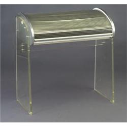 Italian roll-top desk on plexiglass base with aluminum-veneered tamboured top covering a white la...