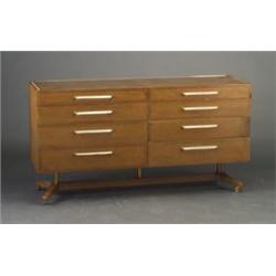 Rare EDWARD WORMLEY for DUNBAR walnut veneer eight-drawer chest  (no. 5331) with plexiglass pulls