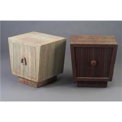 Pair of JAMES MONT trapezoidal night stands made of combed oak, one in a brown glaze over red und...