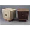 Image 1 : Pair of JAMES MONT trapezoidal night stands made of combed oak, one in a brown glaze over red und...