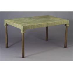 JAMES MONT extension dining table with two leaves, all in verdigris-limed oak finish, with arched...