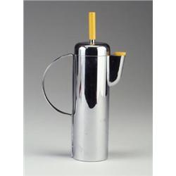 REVERE chrome cocktail shaker with streamlined half-circle handle, bakelite finial and stopper. (...