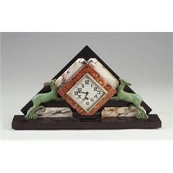 Art Deco mantle clock with onyx, red and white marble pendiment flanked by verdigris bronze gazel...