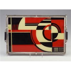 Art Deco plastic laminate and chrome two-handled tray with geometric motif in black, red and crea...