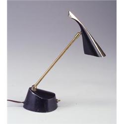 Early and rare LAUREL desk lamp with conical brass and enameled metal shade on a weighted black e...