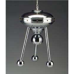 TORINO bright chrome electric hanging lamp, c. 1949, in the form of a spaceship, on three legs. R...