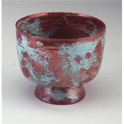 Fine BEATRICE WOOD straight-walled footed vessel covered in a lustered oxblood and turquoise glaz...