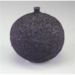 Fine and unusual BEATRICE WOOD spherical vessel with small opening, covered in an exceptional bla...