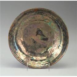 Fine and unusual BEATRICE WOOD low bowl covered in an active lustered green, gold and lavender gl...