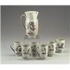 Image 1 : Seven-piece SCHEIER redware pitcher and mug set, each decorated with assorted quadrupeds in black...
