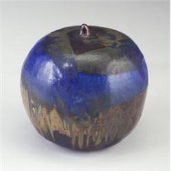 TOSHIKO TAKAEZU spherical stoneware moonpot with exceptional dipped cobalt, mirrored black and um...