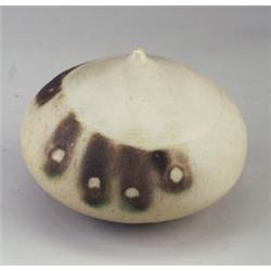 TOSHIKO TAKAEZU squat porcelain moonpot with dipped white matte and speckled matte glaze with mul...
