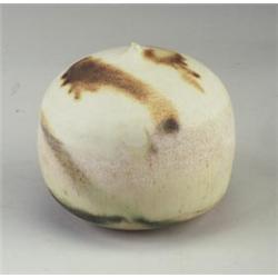 TOSHIKO TAKAEZU small porcelain moonpot with white matte glaze with subtle umber, teal and pink a...