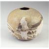 Image 1 : TOSHIKO TAKAEZU stoneware spherical vessel with flattened sides, dipped in white, umber, and mott...