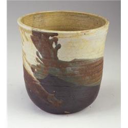 TOSHIKO TAKAEZU stoneware open vessel with dipped and poured chocolate brown, ivory and teal matt...