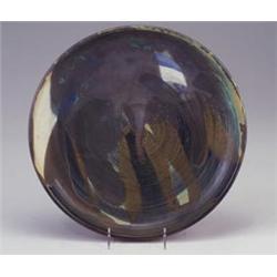 TOSHIKO TAKAEZU stoneware charger with dipped and poured ivory, brown, blue and teal matte glazes...