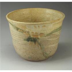 TOSHIKO TAKAEZU white stoneware open vessel with dipped and poured white matte and celadon glazes...