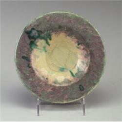 GLEN LUKENS circular flat dish with thick walls and dripping pink, green and ivory crystalline gl...