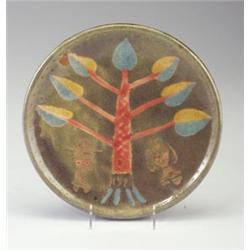 Whimsical FRANK VAVRA (b. 1898) stoneware plate, 1941, decorated in wax-resist with a stylized tr...