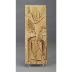 LEE ROSEN vertical architectural frieze, two contiguous tiles in buff clay with abstract structur...