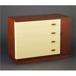 EUGENE SCHOEN chest of ribbon mahogany veneer and ivory enamel with four drawers. Good new finish...