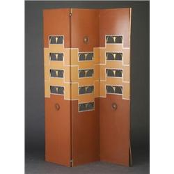 EUGENE SCHOEN three-panel folding brown and tan laminate screen with cut-outs fitted with brass s...