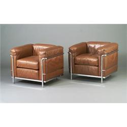 Pair of LE CORBUSIER chairs with brown leather upholstery on tubular chrome frame. (From the loun...