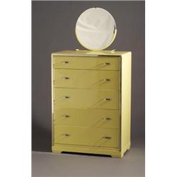 NORMAN BEL GEDDES for SIMMONS yellow enameled five-drawer chest with bright chrome trim and 20" d...