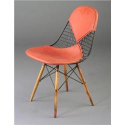 CHARLES EAMES for HERMAN MILLER dowel-leg side chair with black wire seat and red  bikini  leathe...
