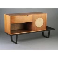 GEORGE NELSON for HERMAN MILLER Hi-Fi walnut veneer cabinet with linen speaker panel, roll-out tu...