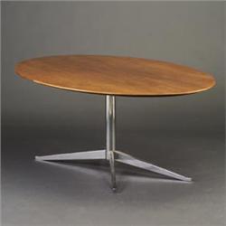 FLORENCE KNOLL for KNOLL oval conference table with walnut-veneer top on bright chrome pedestal b...