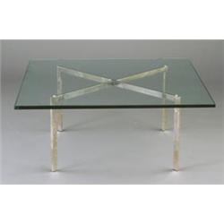 MIES VAN DER ROHE for KNOLL "Barcelona" coffee table with square 3/4" thick beveled-edge plate gl...