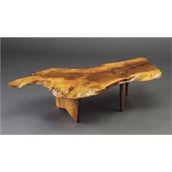 Fine GEORGE NAKASHIMA walnut coffee table with free-edge plank top, inclusions and two rosewood b...