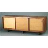 Image 1 : GEORGE NAKASHIMA walnut cabinet with dovetailed case, free-edge, and three sliding linen-covered...