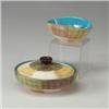 Image 1 : Two Italian ceramic pieces, a candleholder and a covered bowl, both with glossy turquoise interio...